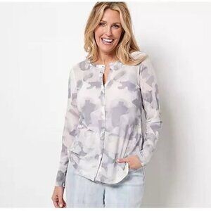 LOGO Layers by Lori Goldstein Watercolor Printed Mesh Cardigan Pearl Medium